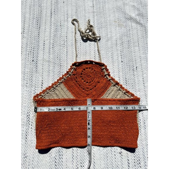 BOG Collective Top Medium Orange Cropped Crochet Halter Neck Twist 90's Womens - Picture 12 of 13